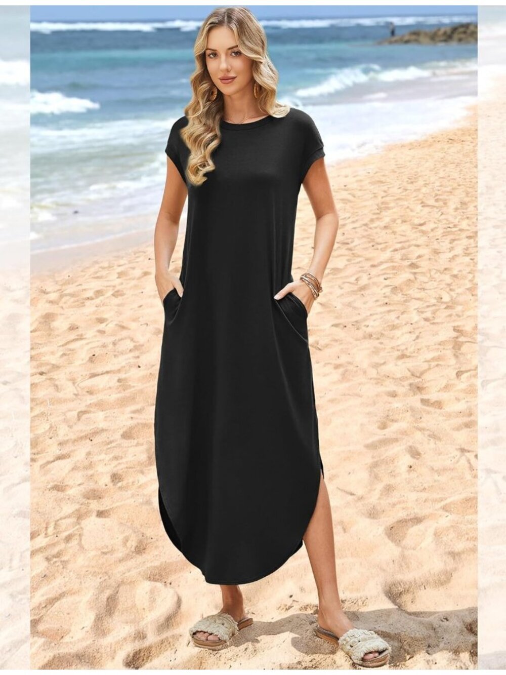 〽️Women's Black Cap Sleeve Crewneck Casual Long Summer Pull On Maxi Dress